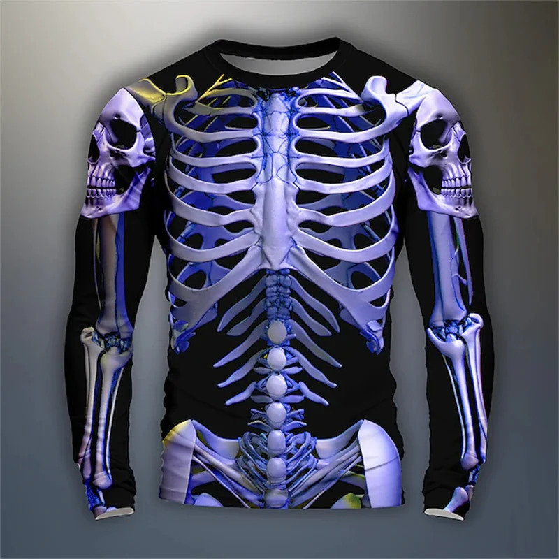 Autumn 3D Print Skeleton Skulls Long Sleeve T Shirt Horror Skull Graphic Clothes Vintage Cool Tops Mens Clothing 241011