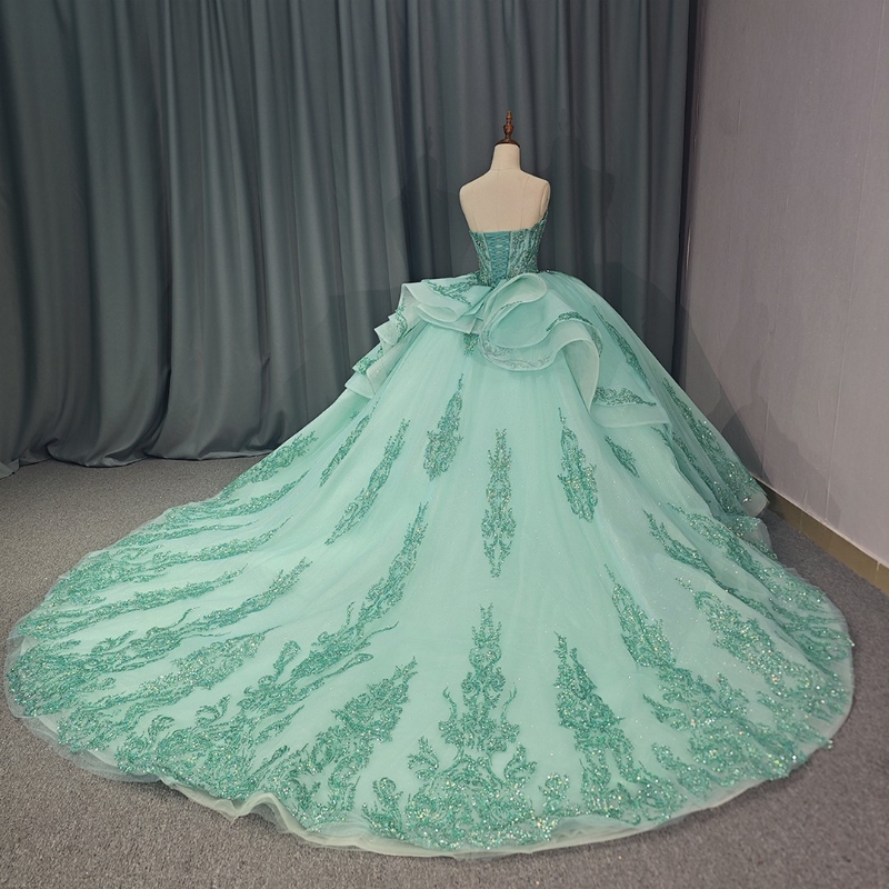 Mint Green Sweetheart Ruffles Train Ball Gown Quinceanera Dresses Sweet 16 Princess Sequin Applique Lace Beads Tull Vestidos 15 De Xv Anos