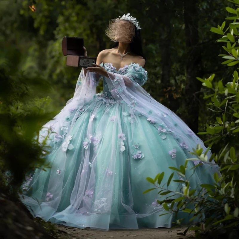 Light Green Shiny Off Shoulder Quinceanera Dresses Party Birthday Dress Floral Applique Princess With Cape Sweet 16 Vestidos Para XV 15Anos