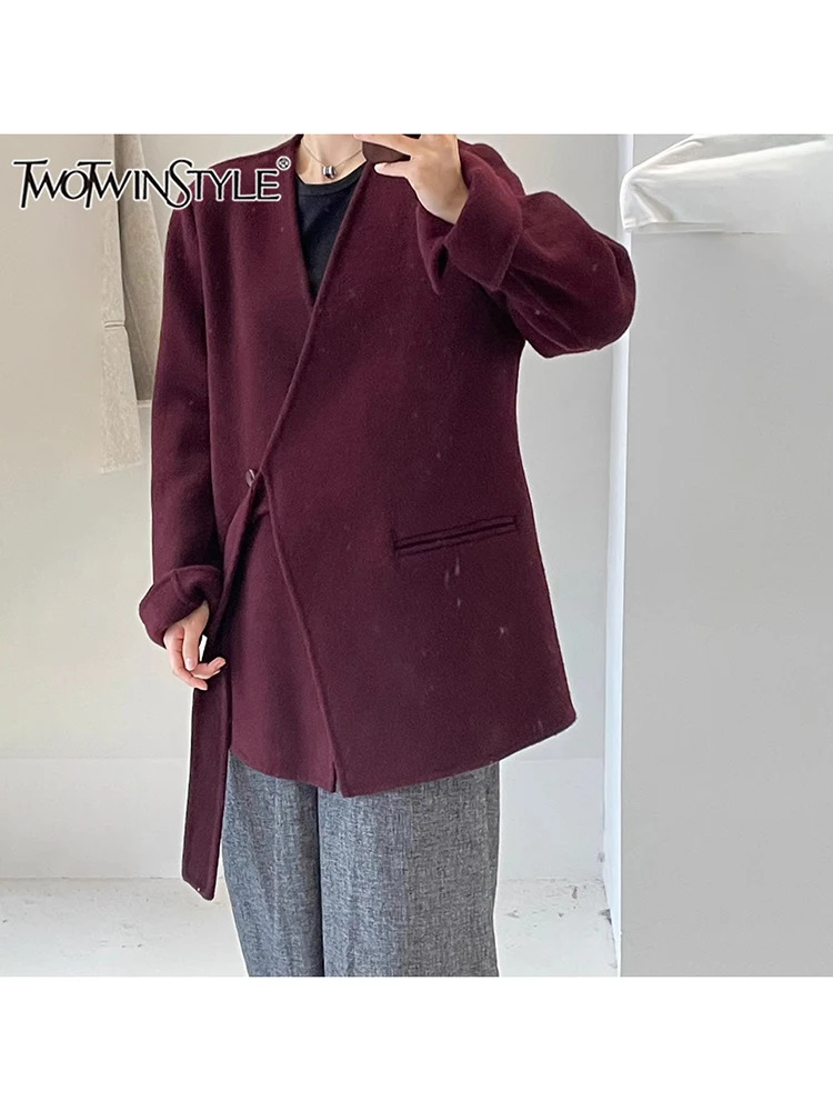 TWOTWINSTYLE Solid Patchwork Pockets Elegant Coats For Women V Neck Long Sleeve Spliced Button Loose Chic Jackets Female Fashion 241011