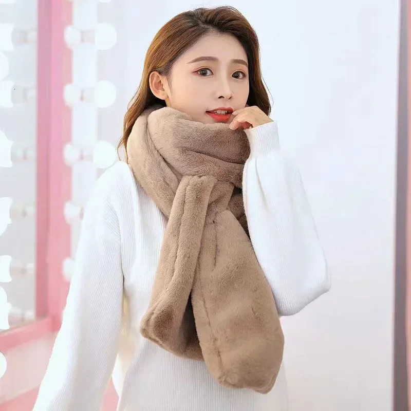 Korean rabbit fur scarf for winter warmth thick double-sided collar elegant womens plush scarf solid color collar protector 241007