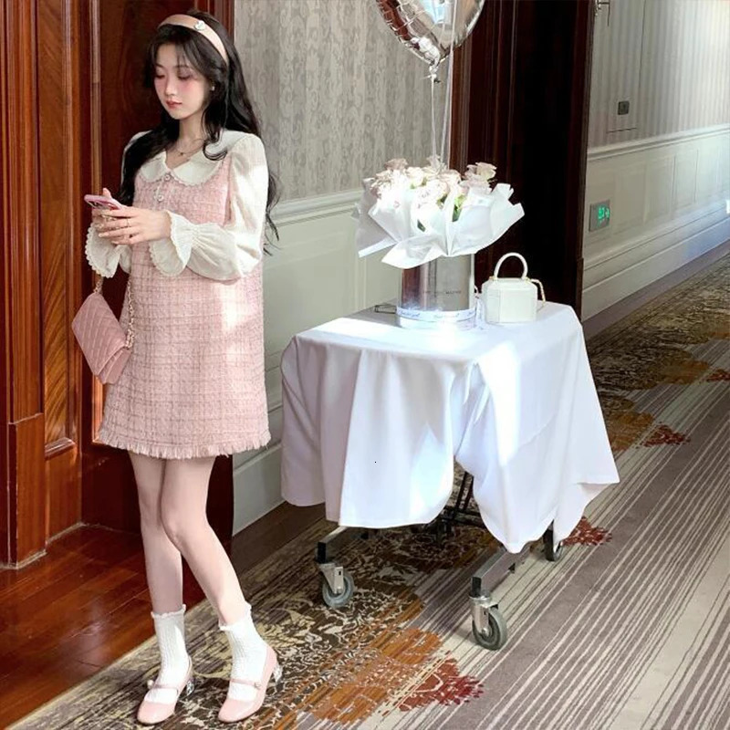 Korean style elegant womens party dress Kawaii Sweet Skirt pink tweed two sets holiday clothing spring summer 241011