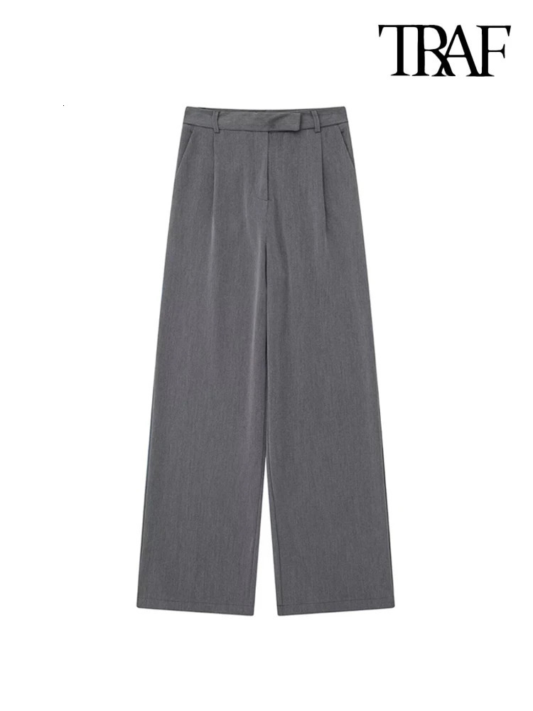 TRAF Women Fashion With Darts Front Pockets Wide Leg Pants Vintage High Waist Zipper Fly Female Trousers Mujer 241007