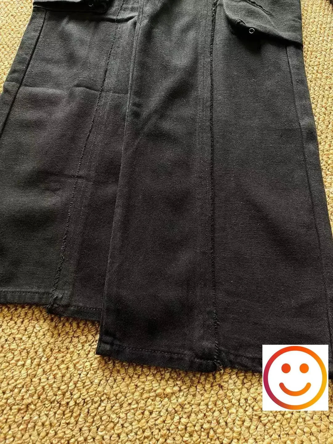 Multipocket Vujade Tassel Washed Do Old Jeans Black Cargo Pants Men Women Hip Hop Midwaist Casual Loose Flared Trousers 241011