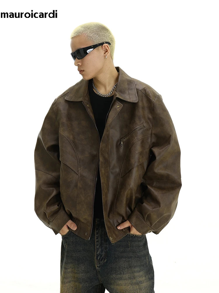 Mauroicardi Spring Cool Handsome Retro Distressed Brown Pu Leather jacket Men Zipper American Vintage Clothes 241011