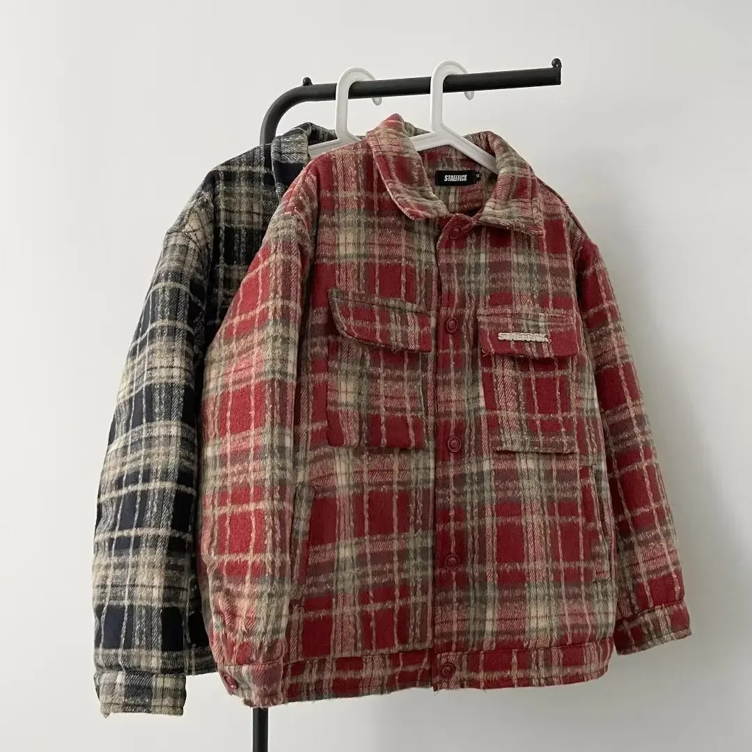 American Style Vintage Tweed Woolen Jacket Loose Fit Plaid Shirt For Men Women Spring Autumn Trendy Casual Clothing 241011