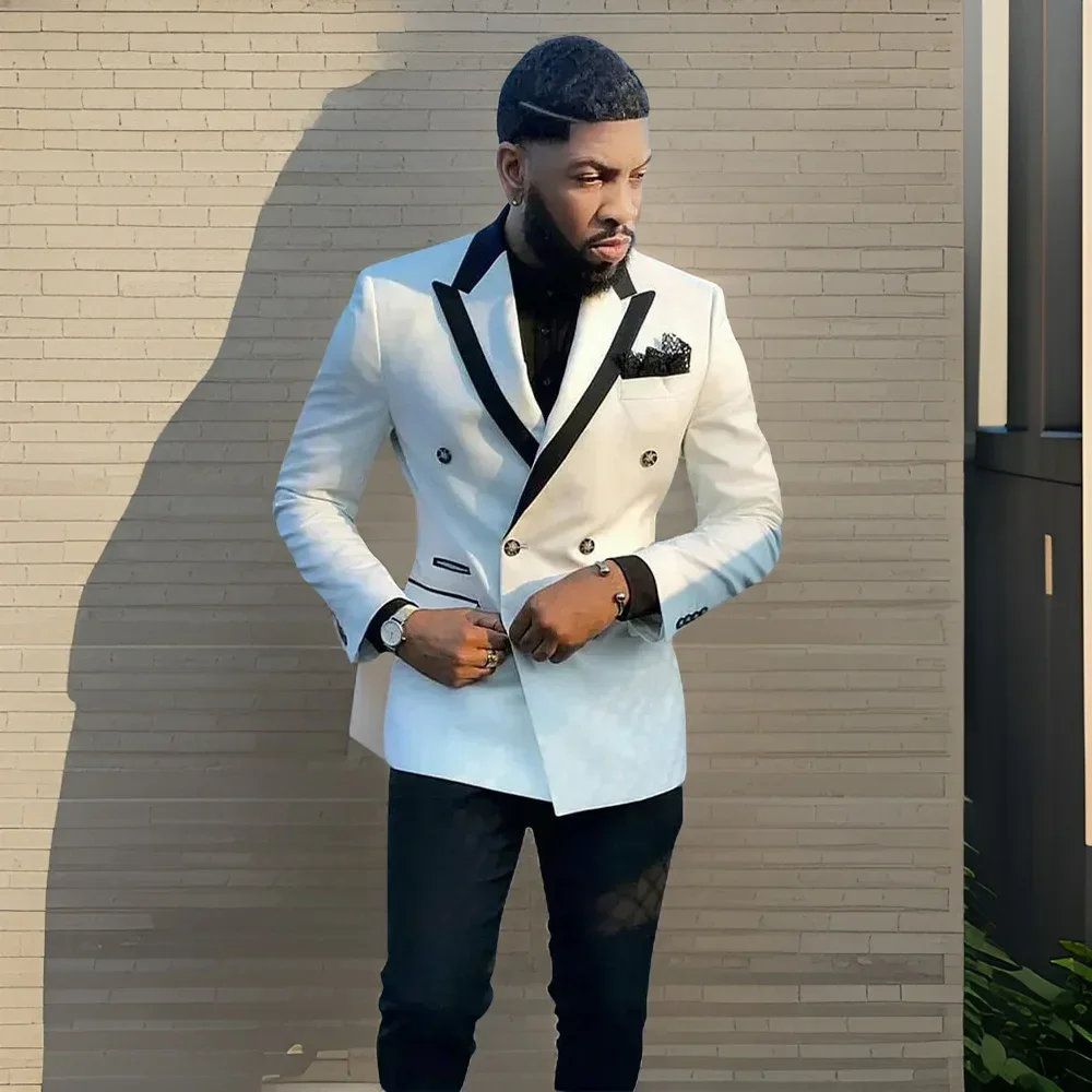 White Double Breasted Men Suits Top Lapel Tuxedo Slim Fit Male Costume Groom 2 Pcs Cutom Made Prom Sets (Jacket + Pants) 2024
