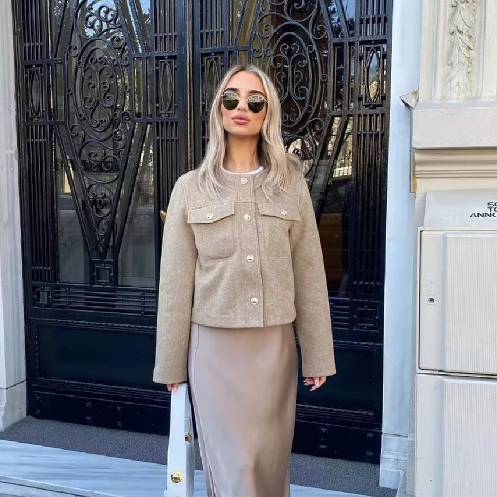 Taop Za womens clothing autumn and winter round neck long sleeved coarse woolen jacket smooth and versatile 240930