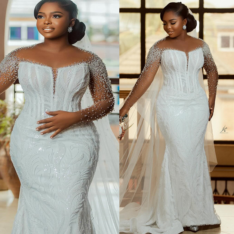 2024 Mermaid Wedding Dresses Bridal Gowns Elegant Wedding Gowns for Bride Long Sleeves Fulllace Sheer Neck Bow Decorated Bridal Dress for African Blac