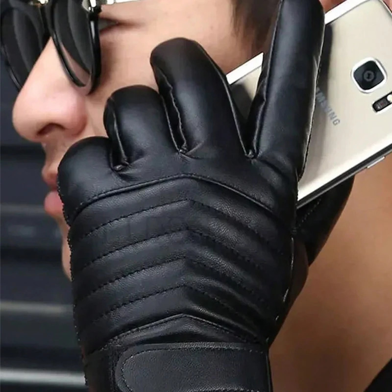 Mens comfortable wool lined PU leather gloves with waterproof touch screen compatible winter cycling and motorcycle riding holiday gifts 241009