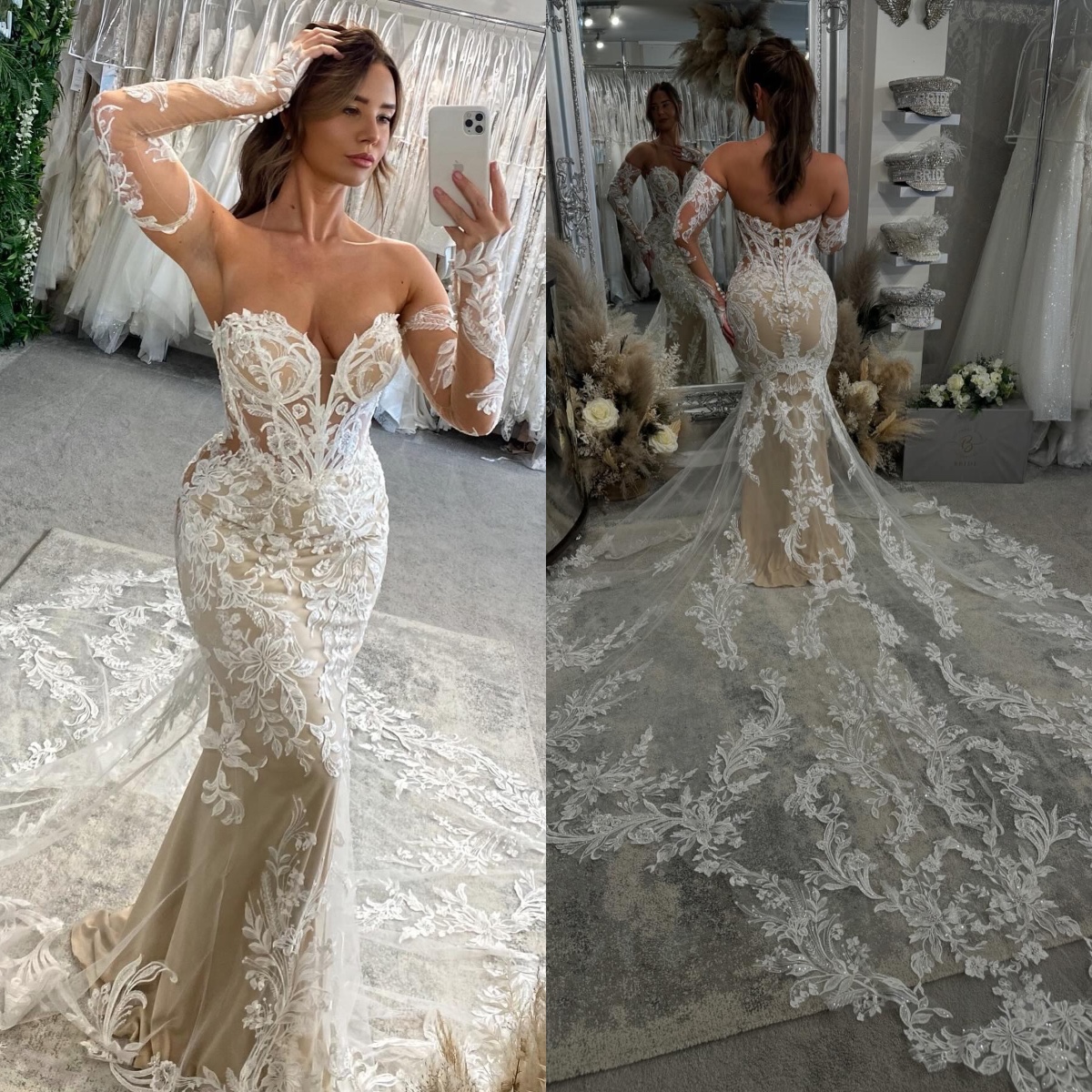 Real picture lace mermaid dresses sweetheart long sleeves wedding dress champagne ing appliqued backless bridal gowns