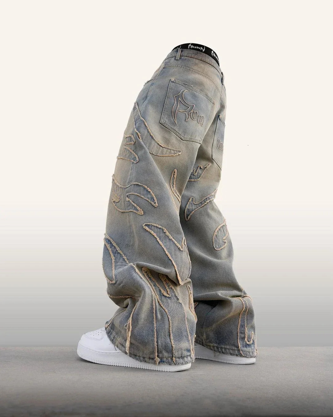 Mens pocket jeans street hole splicing Y2k retro embroidered denim pants womens straight leg high waist wide 241008