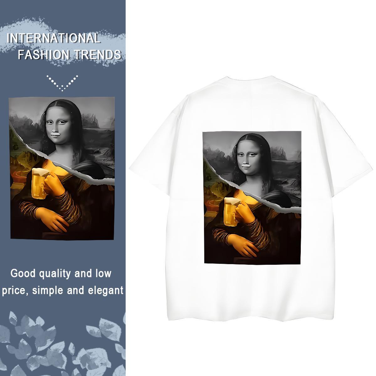 New Arrival T Shirt For Woman 100% Cotton 230g Crew Neck Breathable Casual Beach Mona Lisa Tshirt for Man Woman Unisex Black Oversized Top Shirts