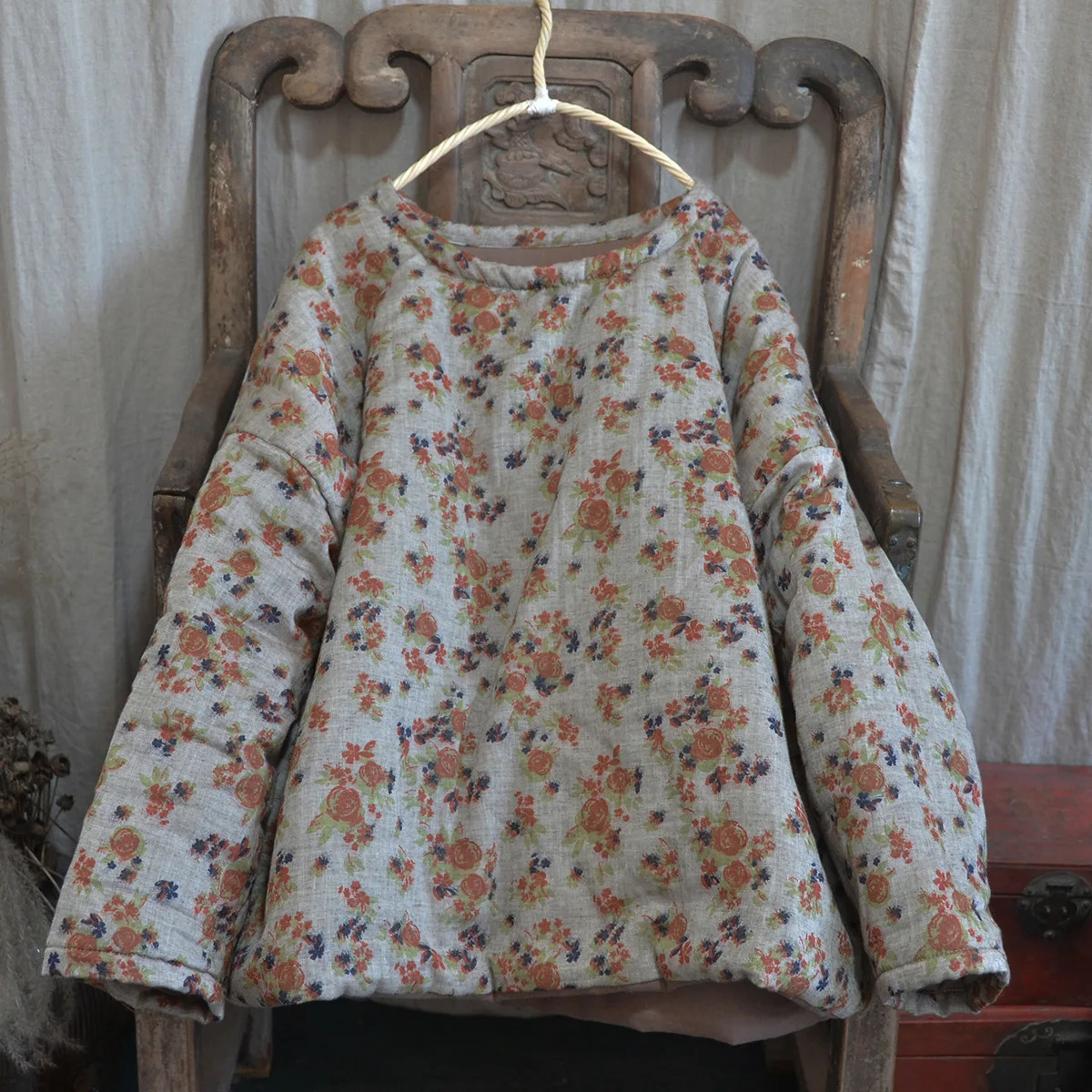 Johnture Womens Autumn Pullover Parkas Warm Coat O-neck Long Sleeve Retro Printed Flower Autumn Clothing Womens Parkas 241007