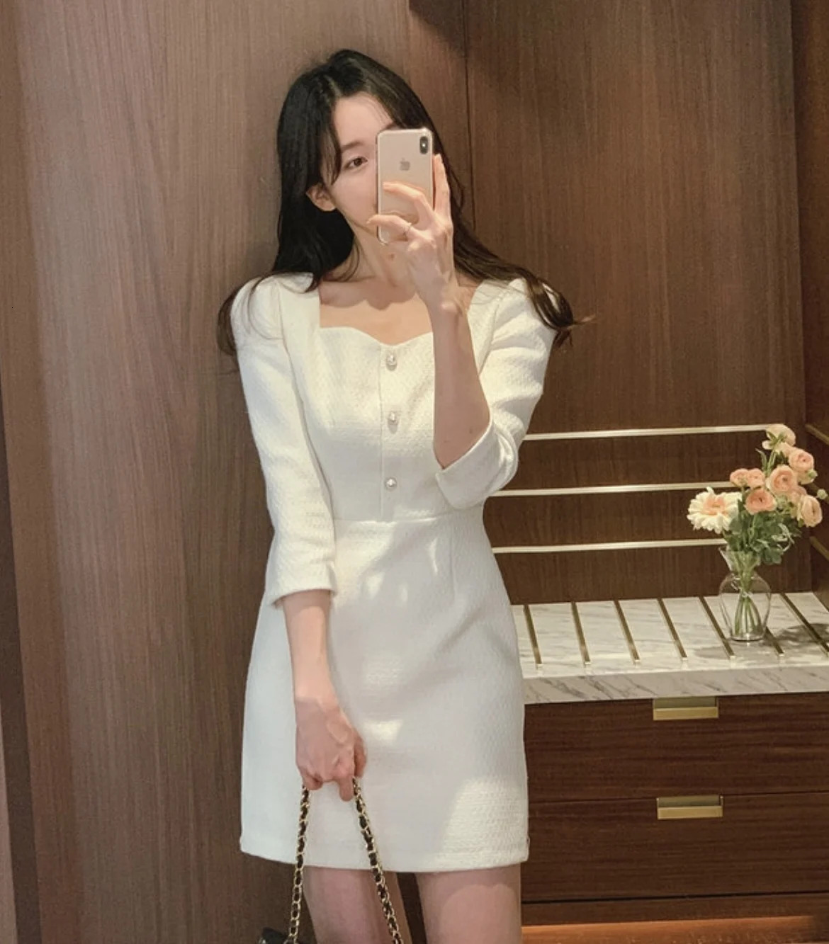 Square neckline coarse tweed puff sleeves mini dress elegant party white body black pink Korean club Vestido Curto Chic Botton autumn 241011