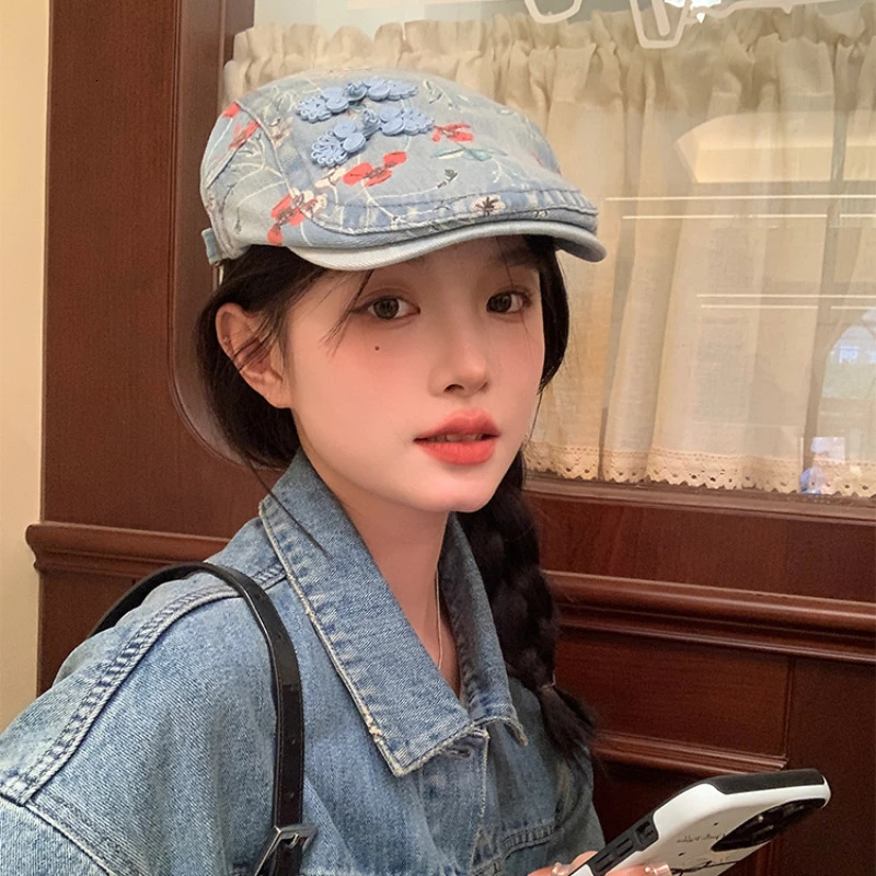 Chinese Style Retro Button Denim Berets for Women Spring and Summer Fashion Flower Print Versatile Casual Forward Hats 241009