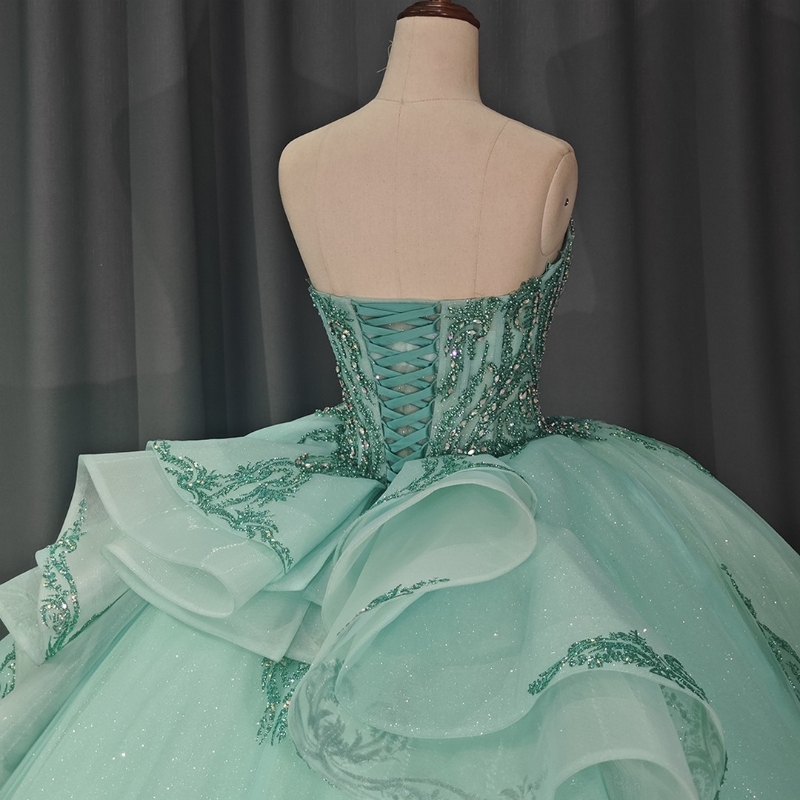 Mint Green Sweetheart Ruffles Train Ball Gown Quinceanera Dresses Sweet 16 Princess Sequin Applique Lace Beads Tull Vestidos 15 De Xv Anos