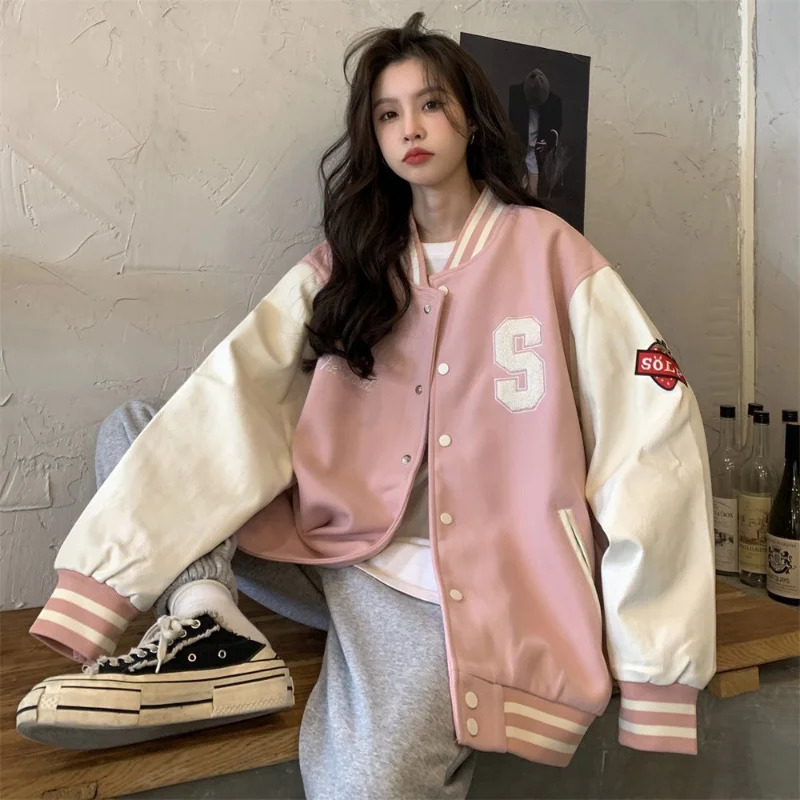 Deeptown Y2k Streetwear Bomber Jacket Women Oversized Varsity Jackets College Uniform Harajuku Fashion Korean Pink Baseball Coat 241011