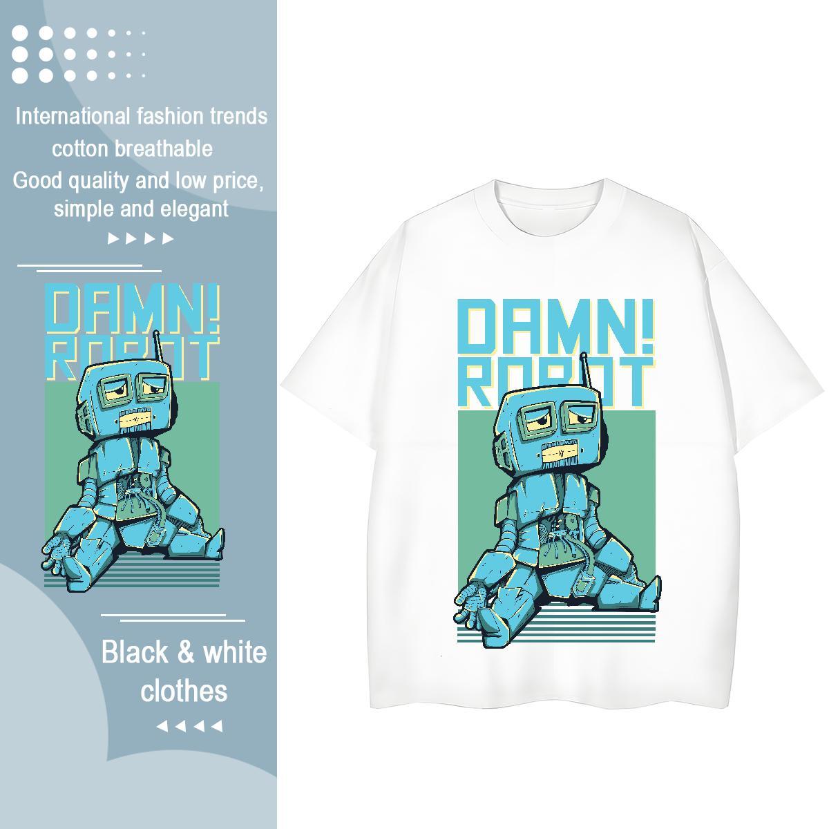 Fashion New Woman T Shirts 230g Cotton Breathable High Street Hip Hop robot Tshirt for Man Woman Loose fit Anime Print Clothes Shirt