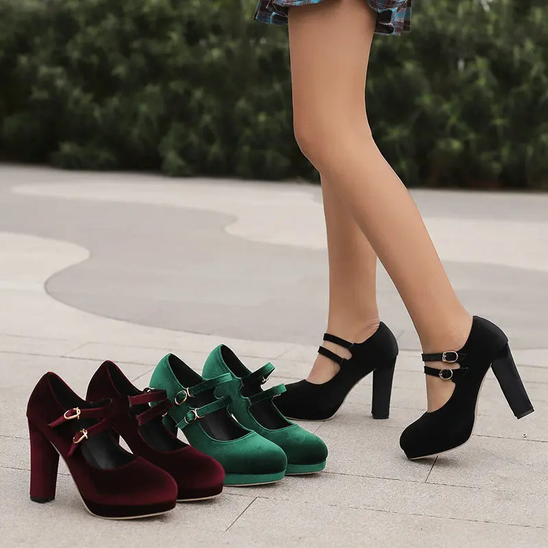 Velour Velvet Round Toe Green Burgundy Color Double Buckle Belt Block High Heels Women Pumps Platform Retro Lady Mary Janes Shoe 241010