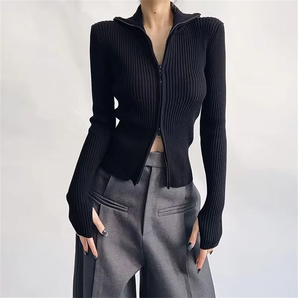 Fashion Korean Spring Women High Elastic Slim Knitted Cardigan Woman Zipper Turtleneck Knitwear Long Sleeve Sweater Coat 241009
