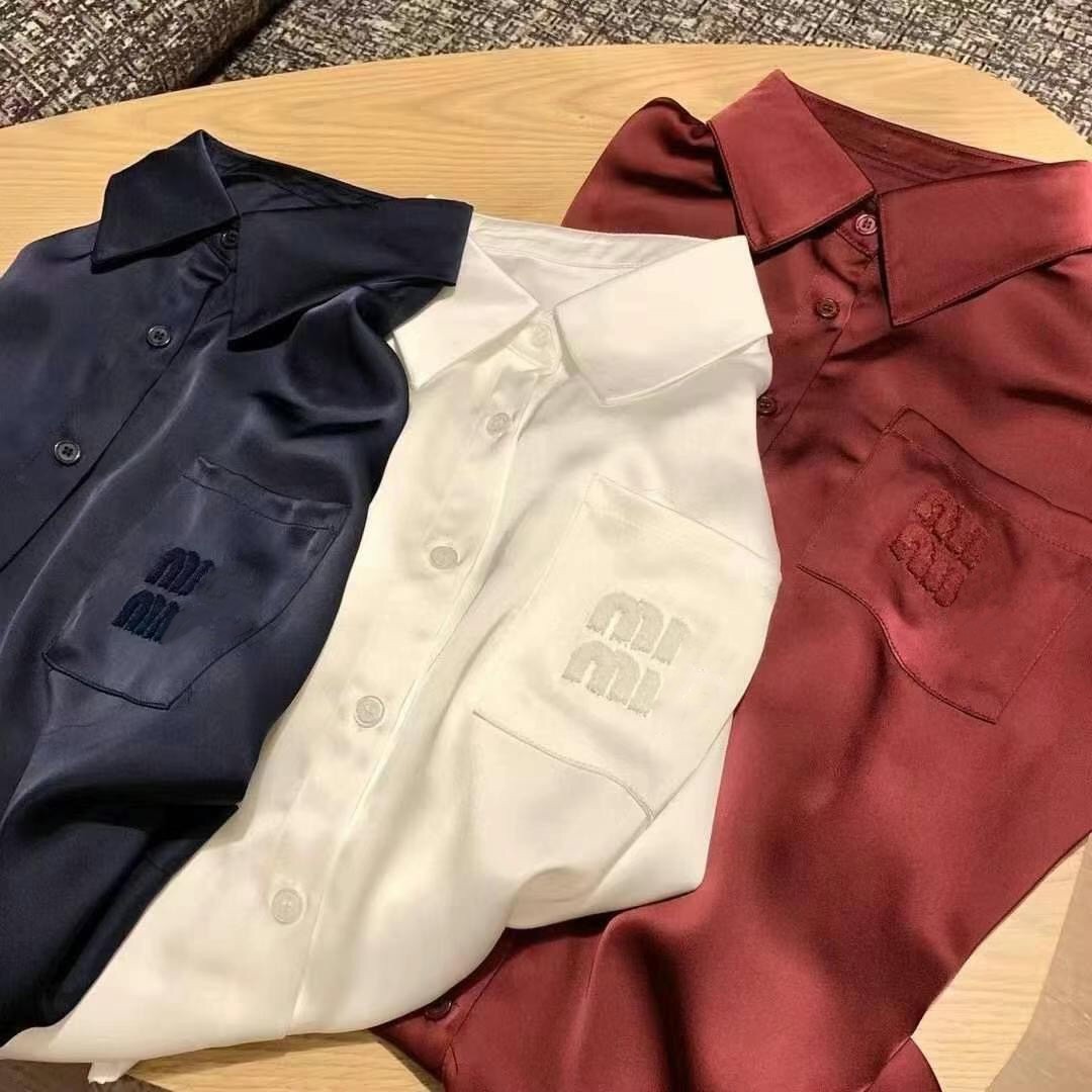 Women long sleeve solid color terry cloth logo letter embroidery satin designer blouse shirts work office tops SMLXL