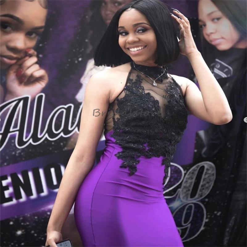 Charming Black And Purple Prom Dresses Sexy Halter Lace Mermaid Nigerian Evening Dress 2025 Backless Satin Black Girls Sixteen Birthday Party Dress Ve