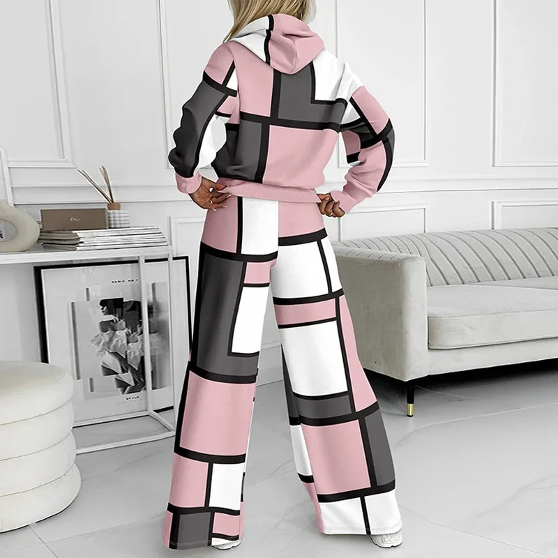 Casual loose brushed Trouser sportswear autumn womens hooded sweatshirtpants two-piece set fashionable color spliced sportswear set 241011