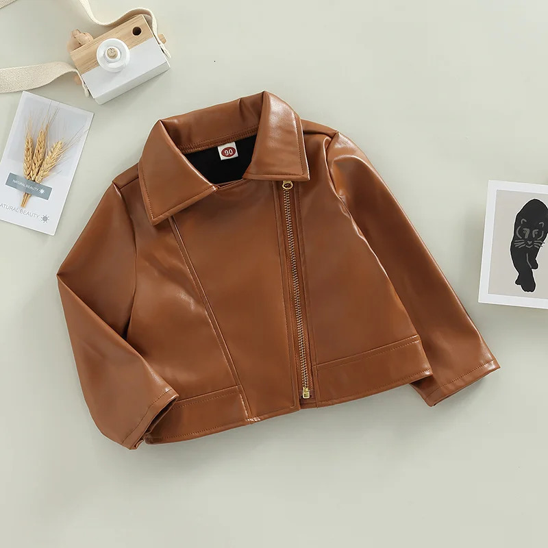 15years Kids Pu Leather Jacket Long Sleeve TurnDown Collar Zipper Clre Casual Outwear For Girls Spring Fall Coats 241011