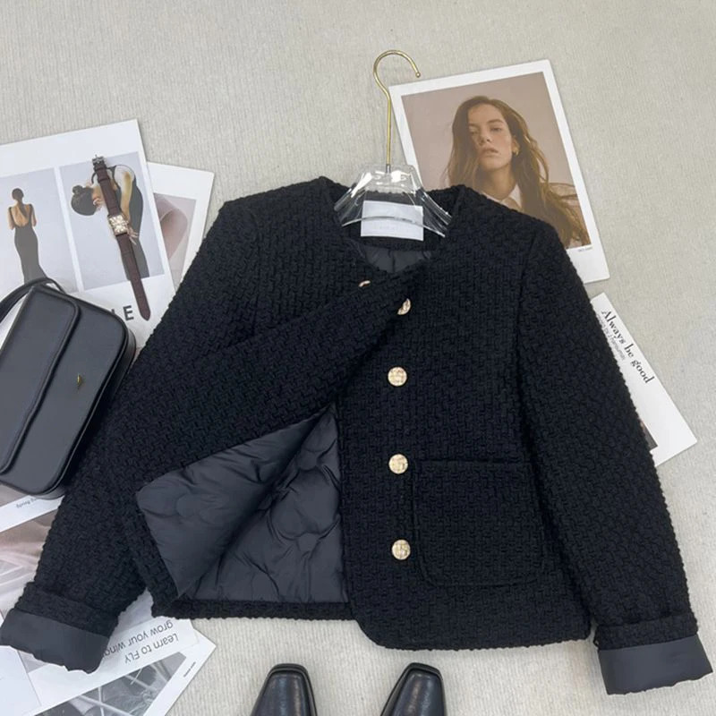 Black Down Cotton Jacket Womens Autumn Winter Doublebreasted Elegant Casual Short Chic Top Coat ONeck Tweed Warm Outwear Lady 240930