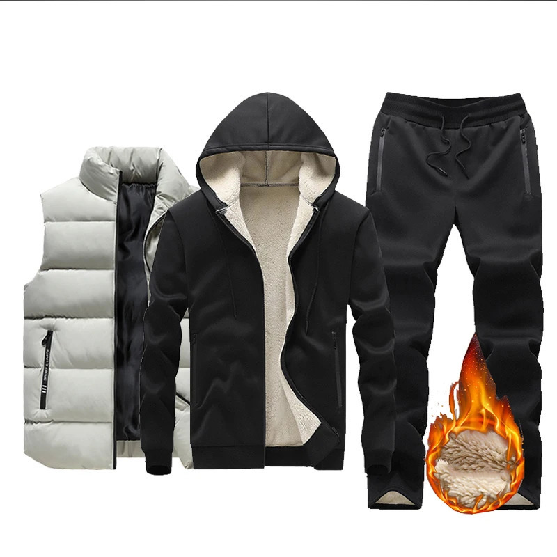Fleece Men Set Fashion Tracksuit Lined Thick Hooded Sweatshirt Pants Sportswear 3Pcs Sets Male Winter Warm Outerwear 241011
