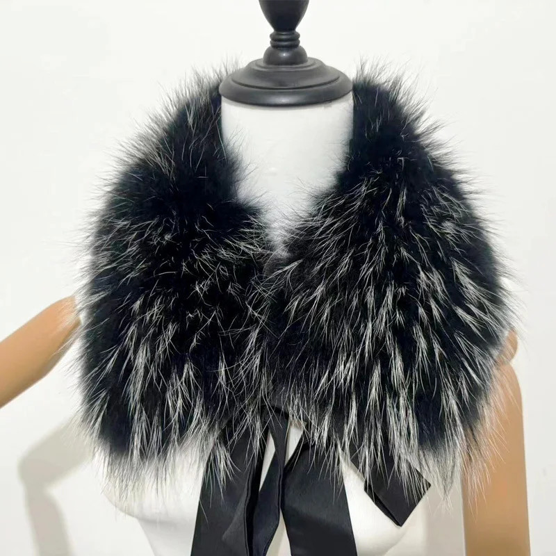 Raccoon Fur Collar Women Winter Coat Hood Decor Furry Fur Collar Fashion Warm Coat Shawl Natural Raccoon Fur Scarf Neck Warmer 241009