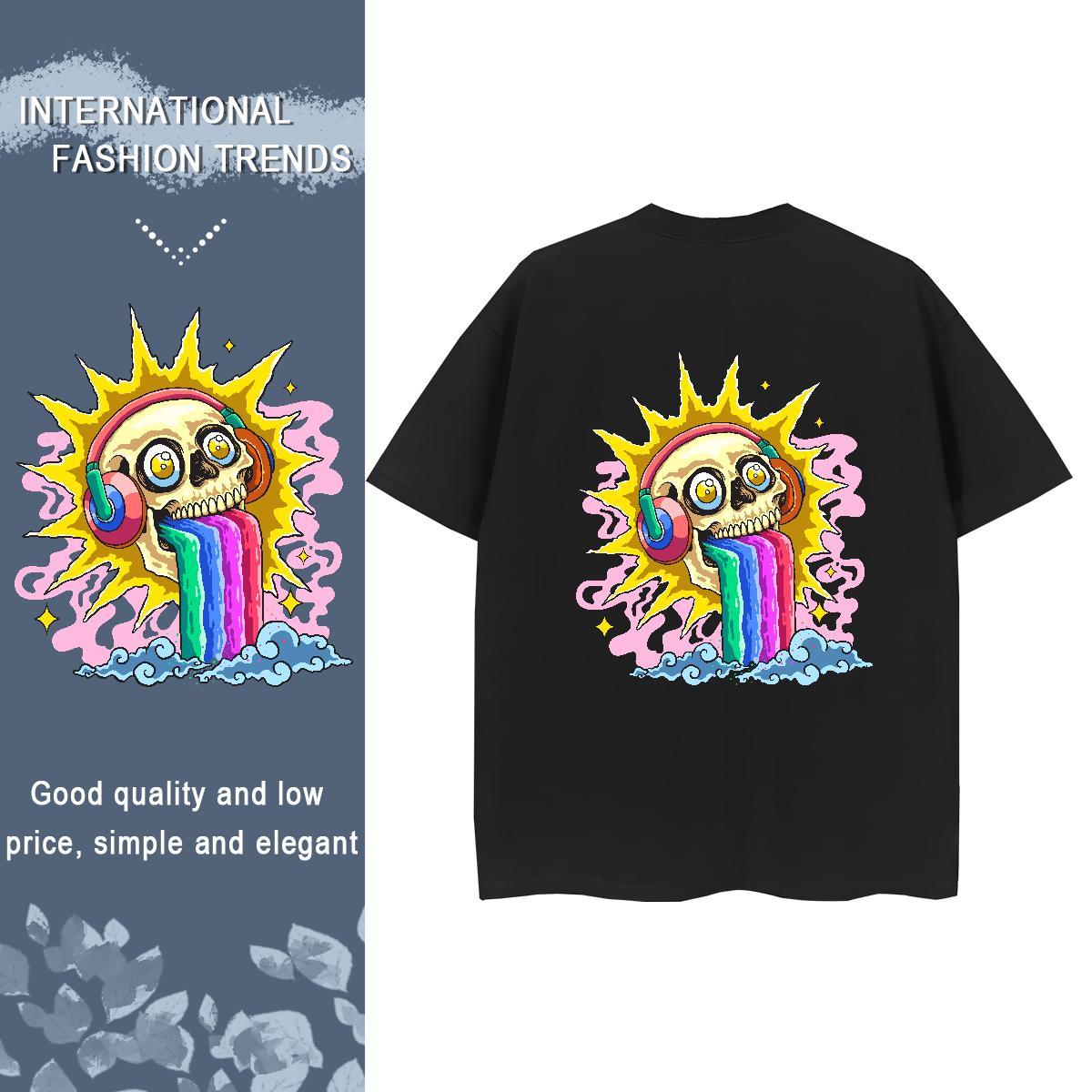 Fashion Casual T shirt 230g 100% Cotton Breathable Short Sleeve Hip Hop Street skull Woman Tshirt Soft Cartoon Floral Printing Clothings