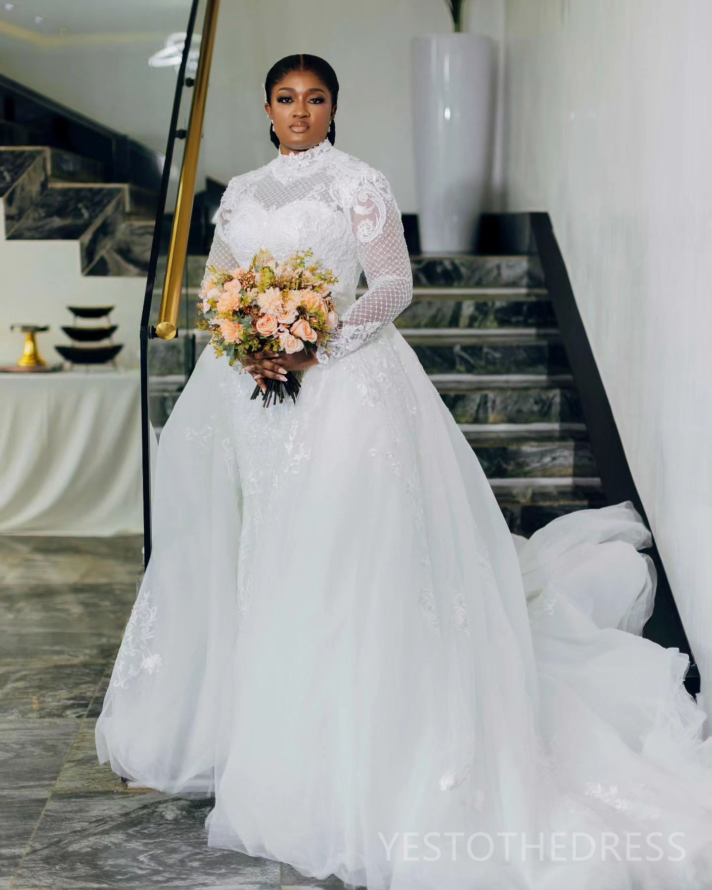 2024 Plus Size Aso Ebi Wedding Dress Bridal Gowns For Bride Detachable Train High Neck Illusion Mermaid Long Sleeves Beaded Lace Wedding Gowns for Wom