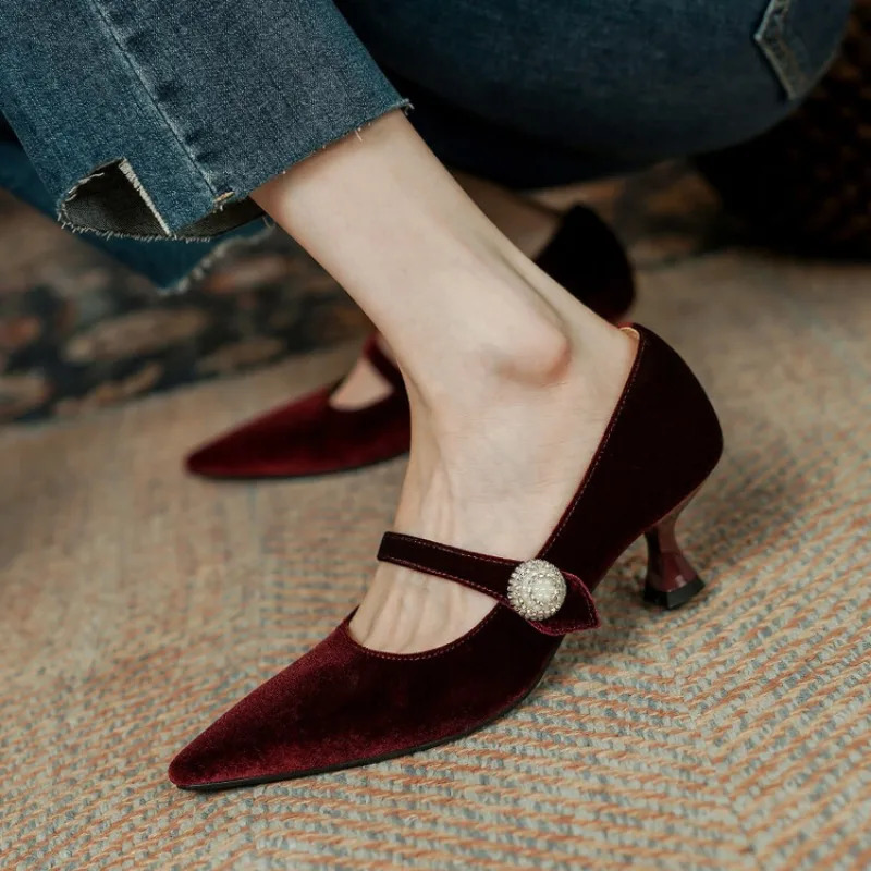 LeShion Of Chanmeb Women Wine Red Velour Shoes Spike Heels Pointy Toe Mary Janes Pumps Pearls Button Black Velvet Shoes Woman 40 241010