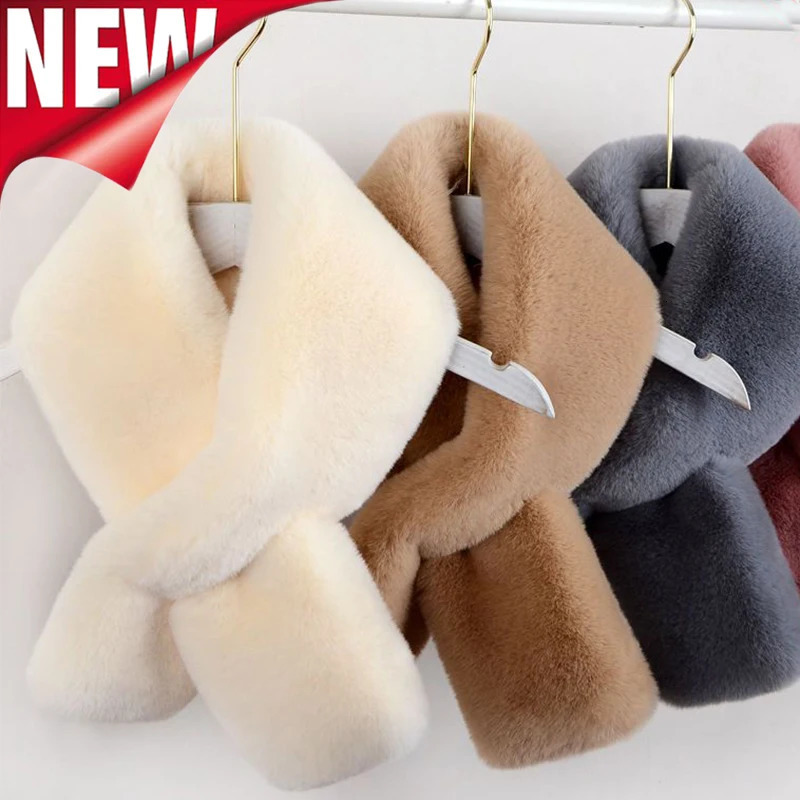 Korean Plush Artificial Rabbit Fur Thick Plush Shawl Womens Winter Outdoor Windproof Solid Color Cross Neck Protective Warm Scarf 241007