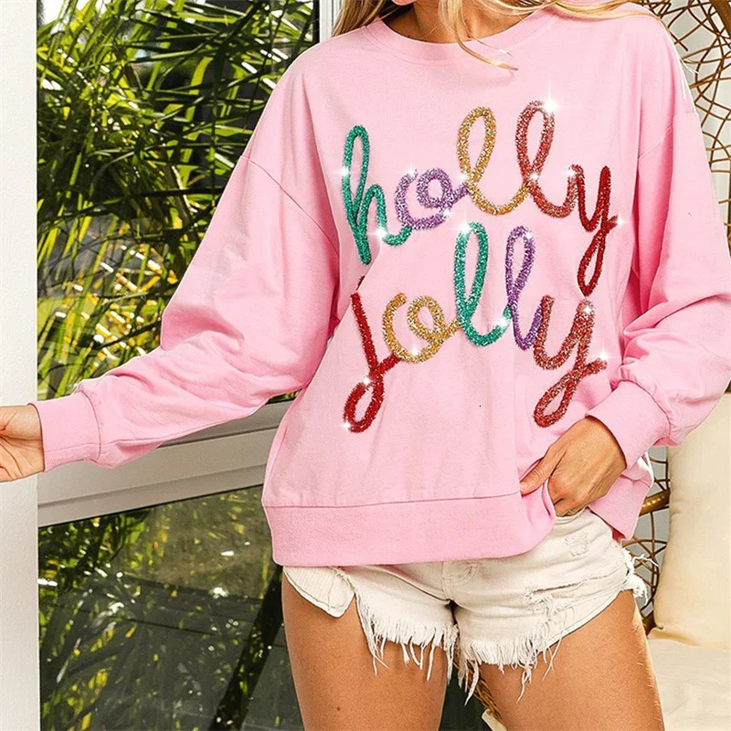 Christmas Womens Sequin Letter Sweatshirt Holly Jolly Clothes Colorful O Neck Long Sleeve Hoodies Holiday Clothing Streetwear 241011