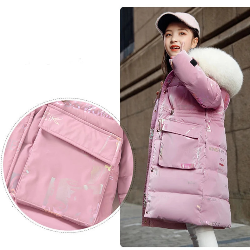 412 Years Fashion Winter Teenger Girls Jacket Hight Quality Heavy Keep Warm Large Fur Collar Hooded Coat For Kids 241011