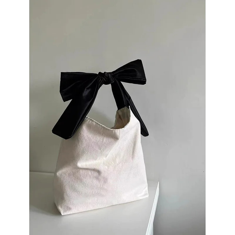 Korean bow handbag simple niche summer canvas bag fashionable large capacity casual shopping bag shoulder bag 241008