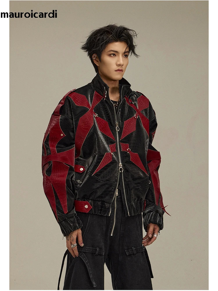 Mauroicardi Spring Autumn Cool Handsome Print Patchwork Pu Leather Jacket Men Color Block Clothes 2024 241011