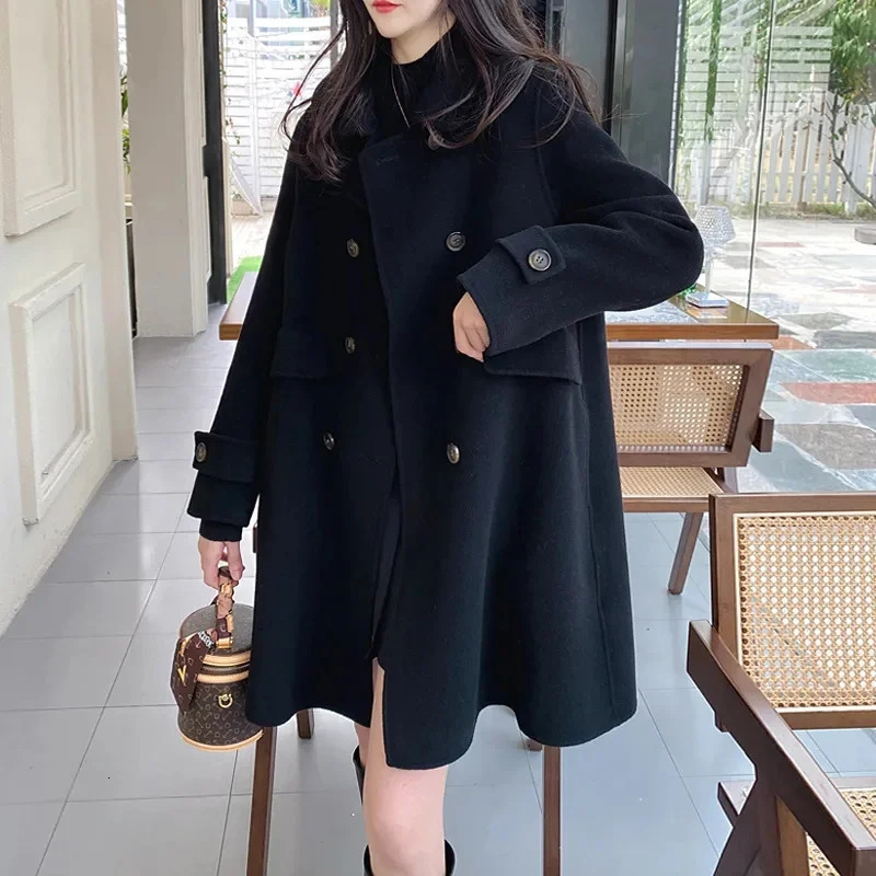 Double layered womens purple temperature wool coat womens medium long Korean wool fashionable doll neck coat 240930
