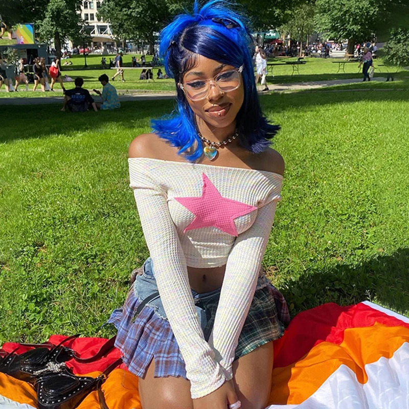 Sifreyr Star Patchwork Y2k Slim Tee Tops Women Fashion Slash Neck Long Sleeve Sexy Cropped T-shirt Streetwear Tshirts 241010