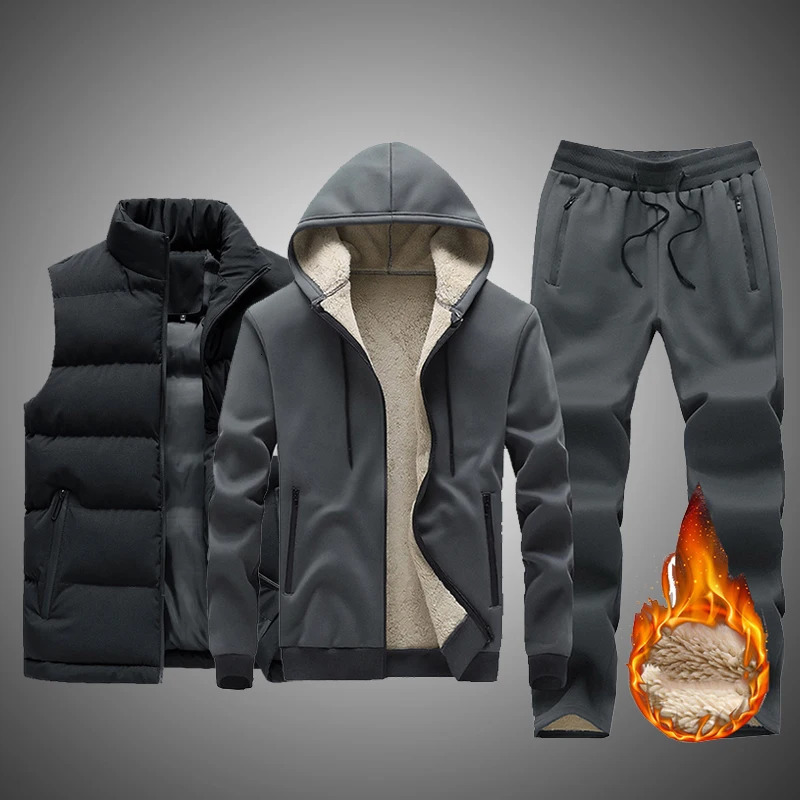 Fleece Men Set Fashion Tracksuit Lined Thick Hooded Sweatshirt Pants Sportswear 3Pcs Sets Male Winter Warm Outerwear 241011