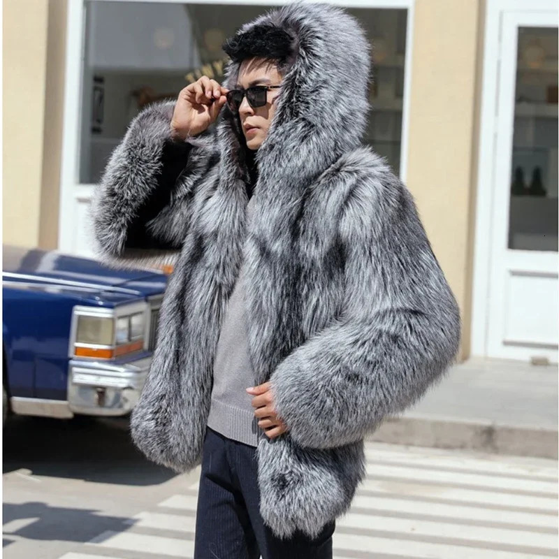 Model Winter Warm Hooded Fashion Fox Fur Men Mink Fur Integrated Coat Silver Fox Mink Coat Casual Cozy Jacket 241011