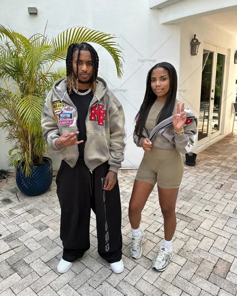 American High Street Embroidered Oversized Hoodie Mens Y2k Fashion Loose Retro Zipper Sweatshirt Womens 241011