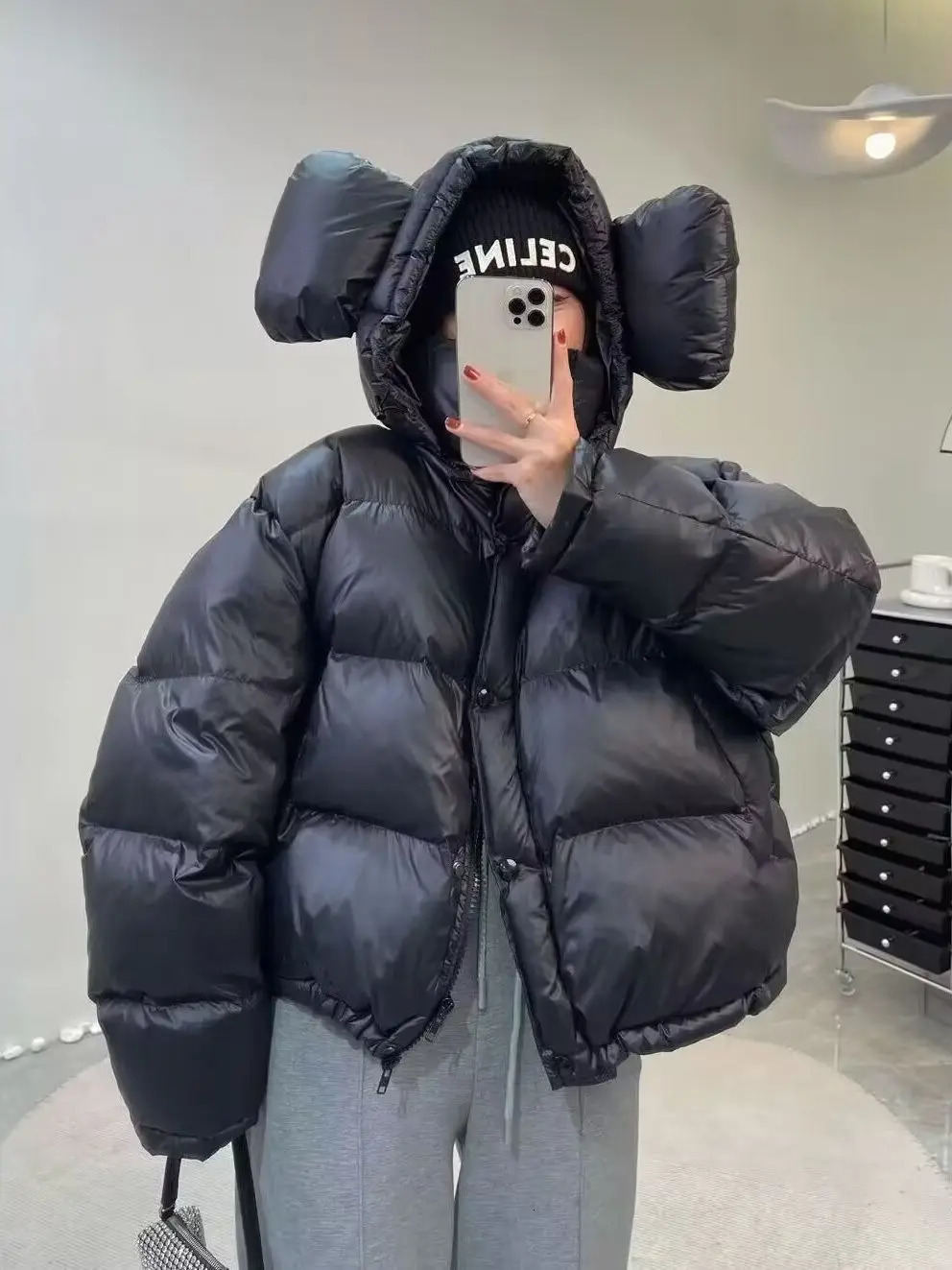 2023 Womens Winter Big Ears Hooded Short Parkas Thick Warm Down Cotton Jacket Cold Coat Fashion Baggy Casual Puffer Jackets 240930