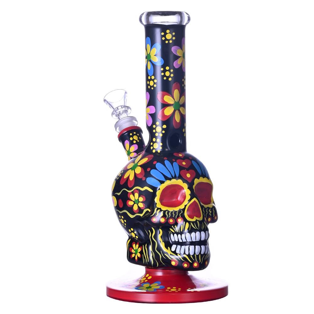10.4in HippiesGlass,Hand Drawn Human Skeleton & Colored Flowers Glass Beaker Bong,Cute Halloween Bong,Borosilicate Glass Water Pipe,Glass Hookah,Smoki