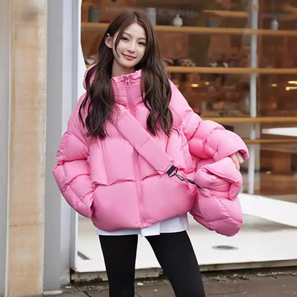 Winter short jacket fashionable hooded warm park inflatable jacket stand up collar chiffon American streetwear Y2K style 241009
