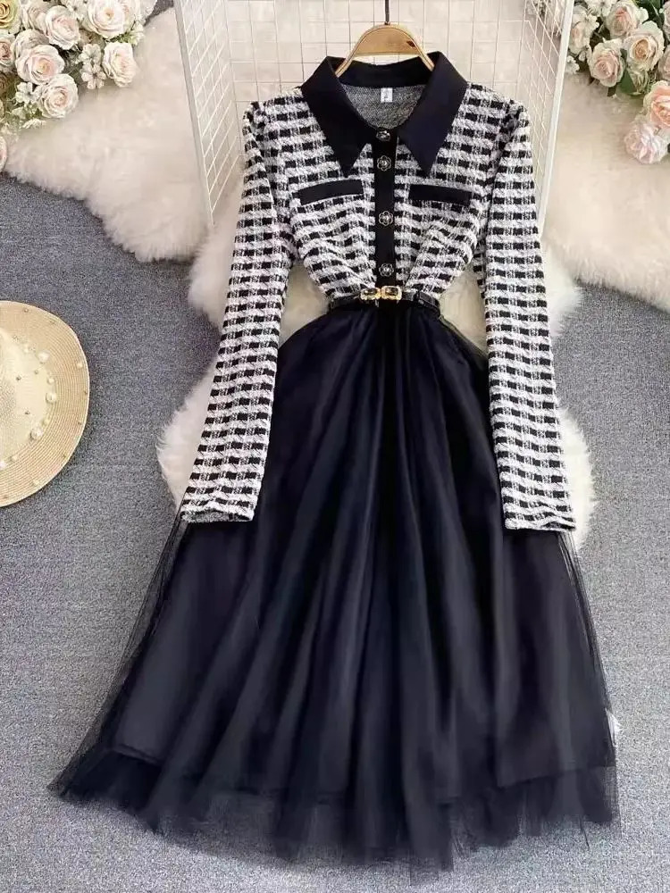 autumn small perfume lapel plain tweed patchwork mesh long skirt womens petal button belt evening party vest 241011