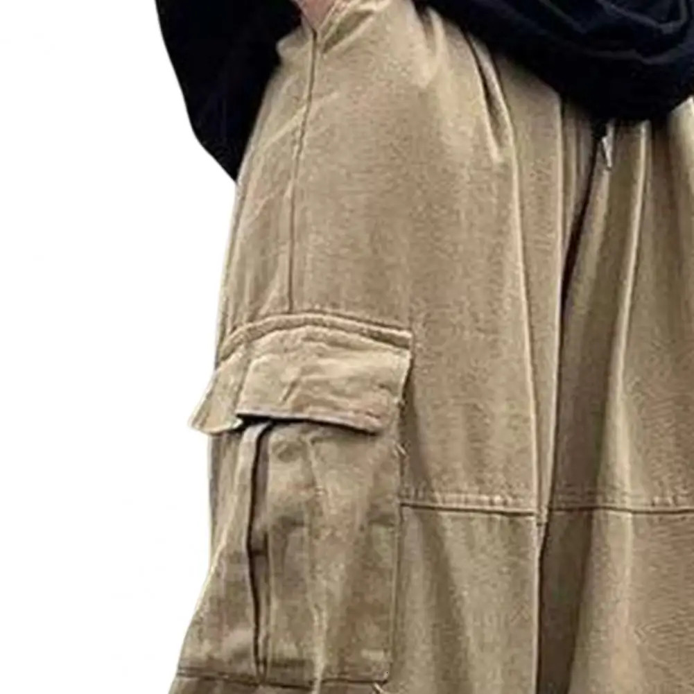 Mens pants wide legs multiple pockets elastic waist solid color loose bottom straight pants outdoor pockets 241011